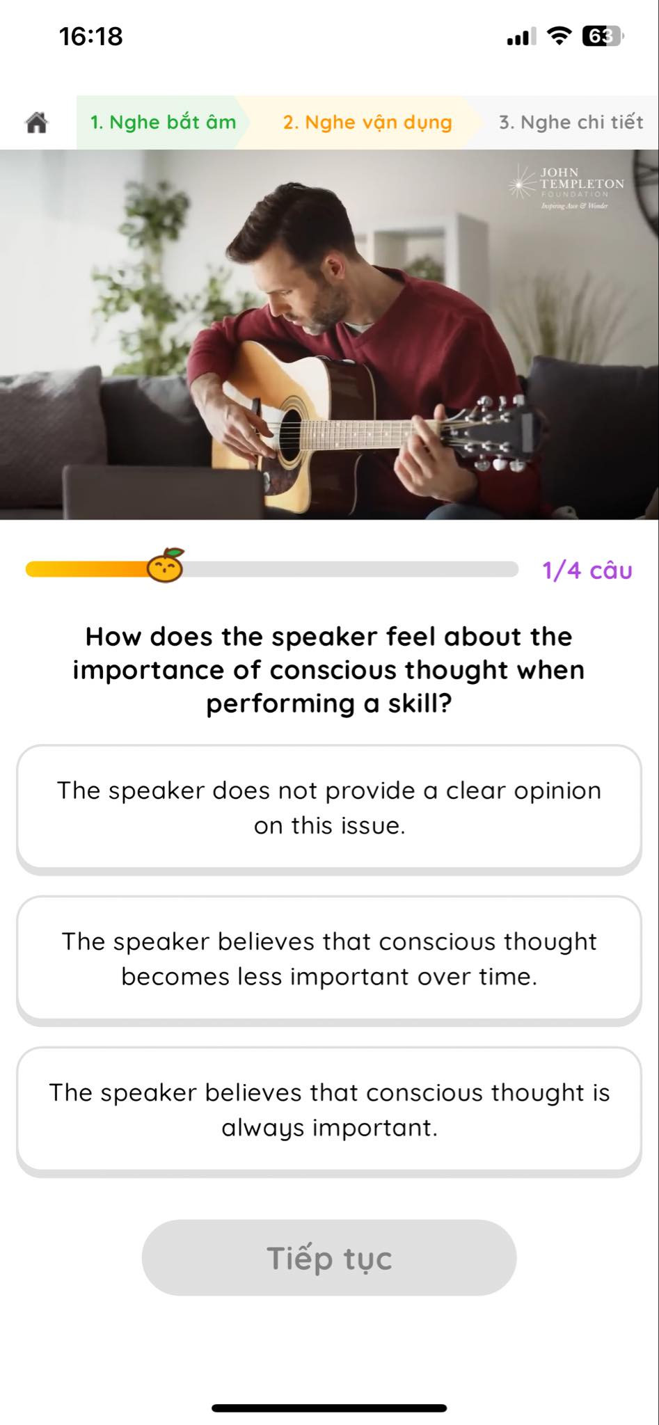 Giao diện bước 2 Nghe Vận Dụng của Mochi Listening, phương pháp luyện nghe tiếng Anh chuyên sâu giúp học viên cải thiện kỹ năng nghe và ghi nhớ từ vựng hiệu quả.