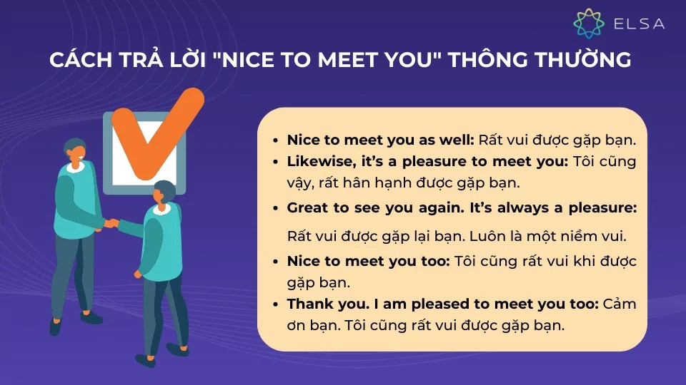 Các cách trả lời Nice to meet you thông thường, thể hiện sự lịch sự và thân thiện trong giao tiếp.