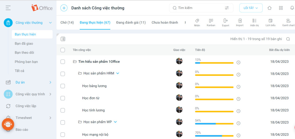 Giao diện phần mềm quản lý công việc 1Office với tính năng trực quan, dễ sử dụng
