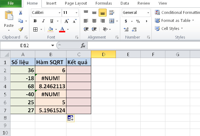 Kết quả căn bậc 2 trả về các số âm sẽ không trả kết quả