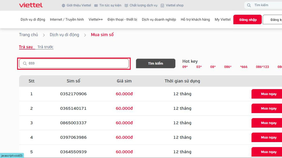 Hướng dẫn mua sim đầu số 033 online