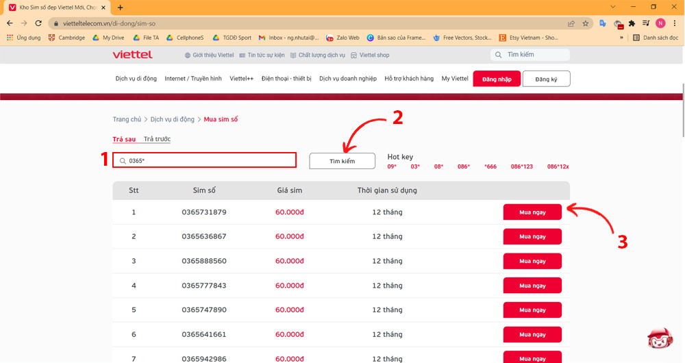 Mua sim Viettel online - Tìm kiếm đầu số 0365
