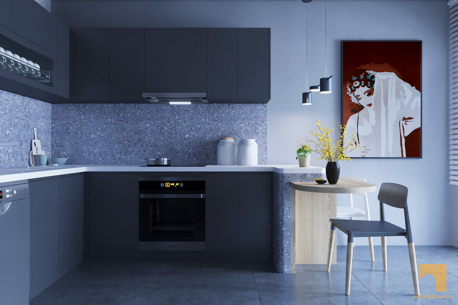 Thiết kế bếp hitech với tông màu trắng chủ đạo, tạo cảm giác sạch sẽ và rộng rãi, kết hợp với các thiết bị thông minh như bếp từ và lò nướng