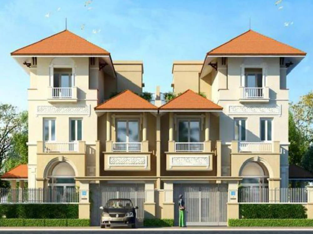 Biệt thự song lập phong cách Địa Trung Hải với tường trắng và mái ngói đỏ