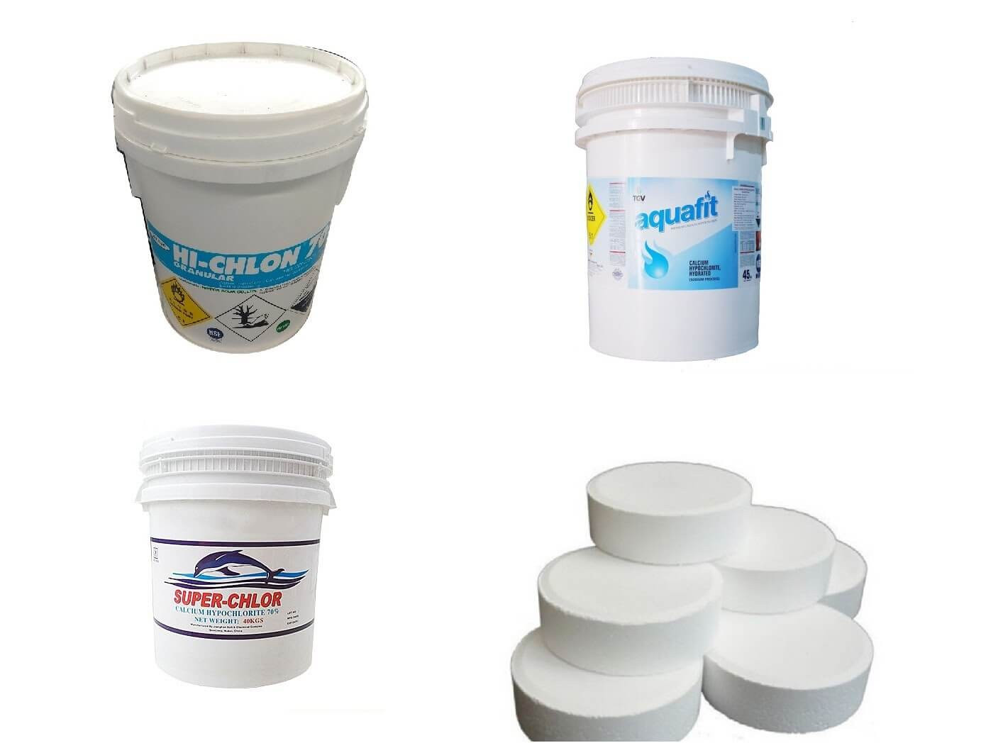 Các dạng chlorine phổ biến như sodium hypochlorite và calcium hypochlorite