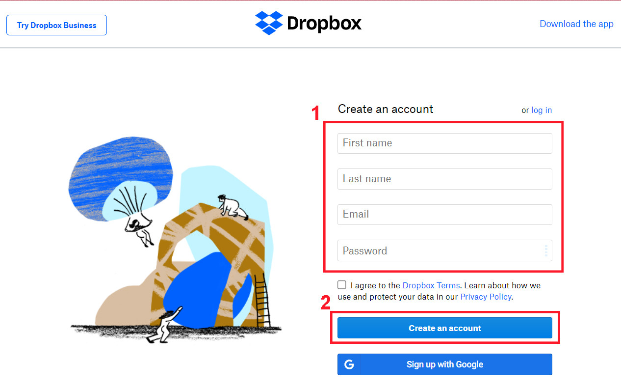 Điền thông tin đăng ký tài khoản Dropbox