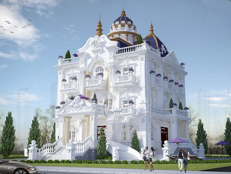 Biệt thự cổ điển với kiến trúc đăng đối, hoa văn tinh xảo, thể hiện sự sang trọng và quý phái