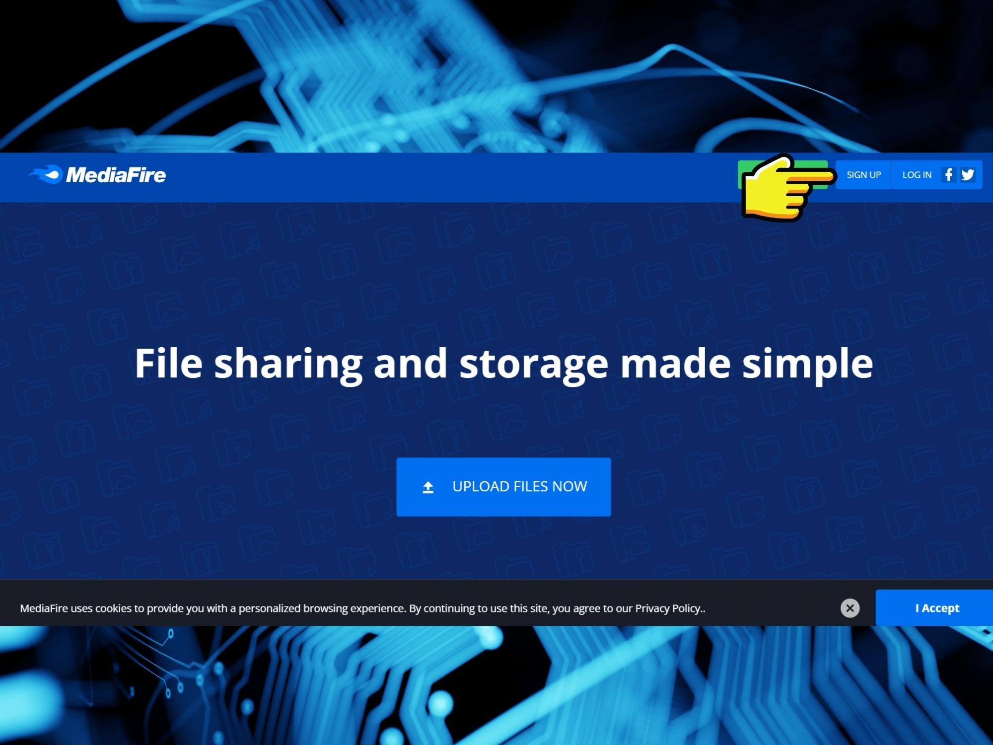 Ảnh chụp màn hình nút Sign Up trên trang MediaFire