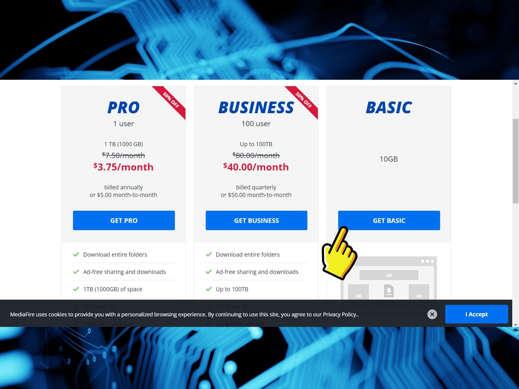 Ảnh chụp màn hình lựa chọn gói Basic miễn phí trên MediaFire