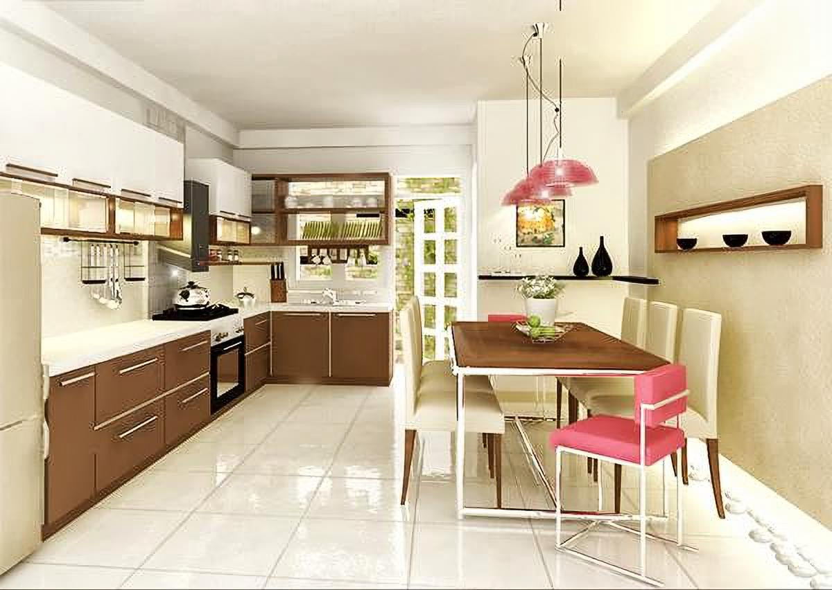 Phòng bếp thanh lịch, độc đáo được thiết kế tone màu kem hợp phong thủy với tuổi Đinh Mùi
