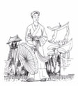 Bức tranh khắc họa hình ảnh người phụ nữ với gánh nặng trên vai, thể hiện sự truân chuyên trong cuộc sống.