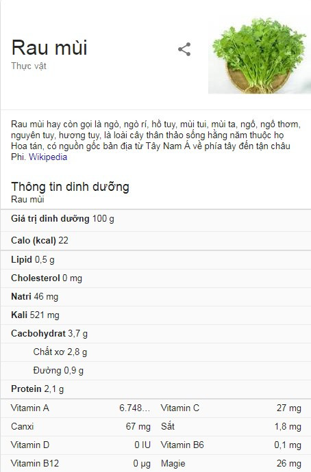 Thành phần dinh dưỡng chi tiết của rau mùi (coriander), bao gồm vitamin, khoáng chất và các chất chống oxy hóa.