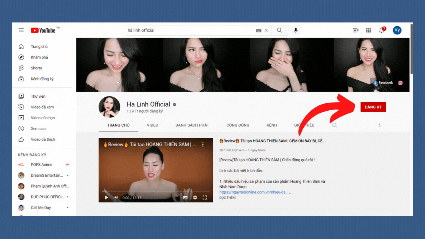 Cách Subscribe trên Youtube bằng máy tÃnh - bước 2