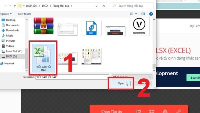 Chọn file XLSX cần chuyển đổi