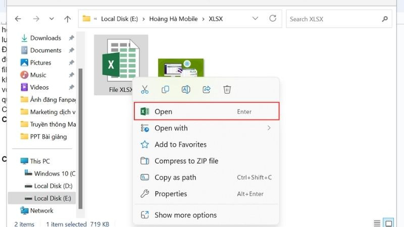 Mở file XLSX bằng Excel